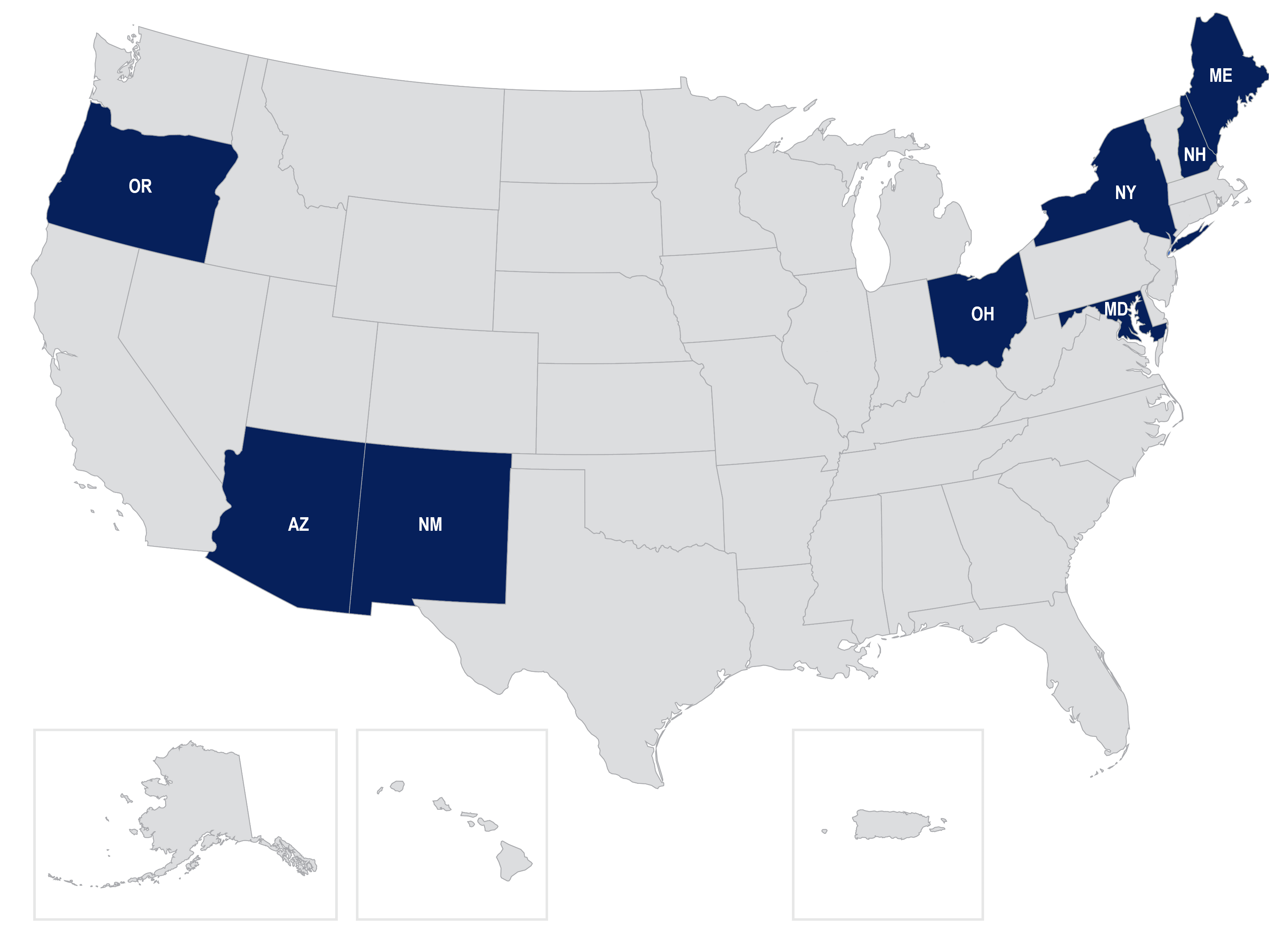 U.S. map graphic denoting the States receiving FY24 Advanced Digital Construction Management System Grant Recipients